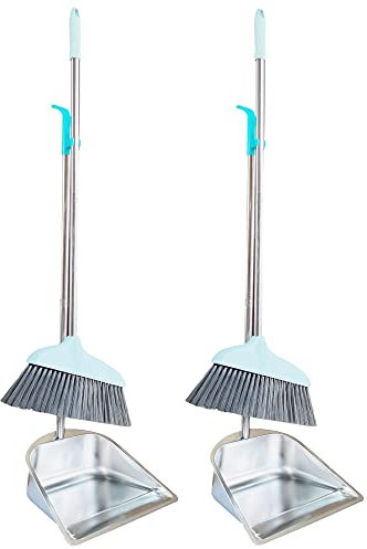 Lot de 2 balais et pelles à poussière avec balai, en acier inoxydable robuste avec manche de 85,1 cm de long, pour la maison, la cuisine, le bureau, le hall d'entrée, le sol