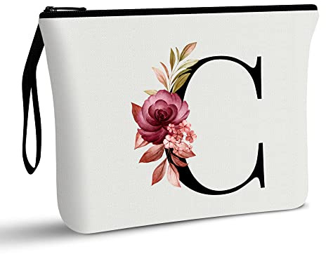 Vavabox Trousse de Toilette Personnalisée pour Femme - Tissu Premium & Fermeture Éclair Robuste, Cadeau Parfait Femme, Idée Cadeau Unique pour Fille, Mariée ou Demoiselle d'honneur (C, Blanc) | Cadeau initial pour meilleure amie, mariée, fille, trousse de maquillage