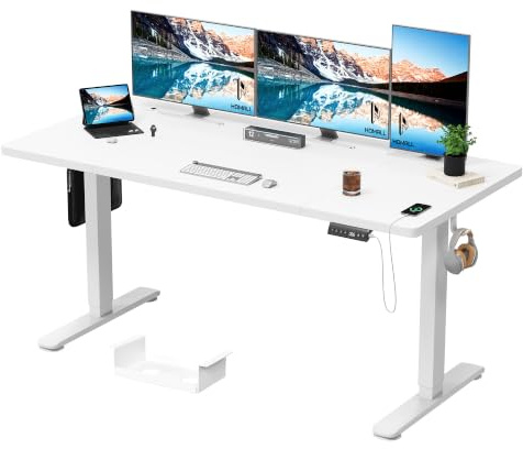 Homall 160x80cm Height Adjustable Standing Desk with Upgrade Desk Frame with Headphone Holder,Sit Stand Desk Heavy Duty Steel with 4 Memory Positions,Wihte