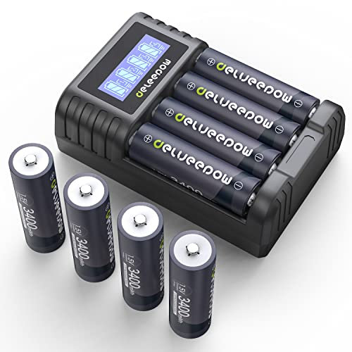 Delyeepow 1.5V AA Pile Ricaricabili 3400mWh, 1500 Cicli Batterie Litio AA Ricaricabili 8 Pezzi con LCD Caricabatterie Ricarica Rapida USB-C
