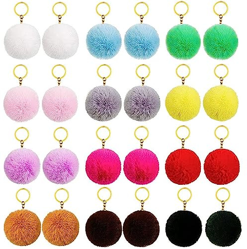 ANBOWEI Pompons Schlüsselanhänger Puschel, 8cm Bommel mit Schlüsselringe, Faux Kaninchen Pelz Schlüsselanhänger Pompom Anhänger für Damen Mädchen Tasche Mützen - 24 Stück