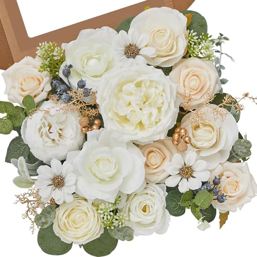 Serwalin Künstliche weiße Hochzeitsblumen, Seidenblumen für Kuchendekoration, künstliche Blumen für Tischmitte, Sträuße, weiße Rosen, Pivonen mit realem Touch, Junggesellenabschied,