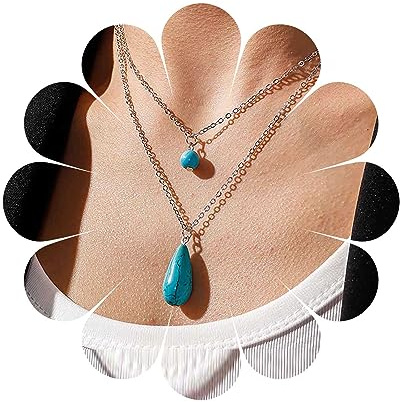 Cimenexe Böhmische Geschichtete Türkis Halskette Silberne Tropfen Türkis Perlen Anhänger Halskette Wasser Tropfen Türkis Choker Halskette Blau Naturstein Kette Halskette Schmuck Für Frauen Und