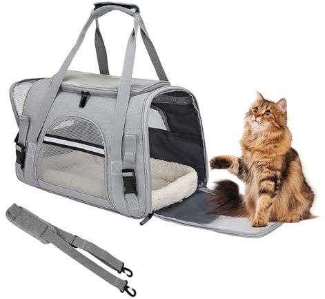 ZSMJAER Transporttasche für Haustiere+ Fleecematte, Transporttasche für Katzen und Kleinere Hunde bis 10 kg, Katzentransport-Tasche, Tasche für Welpen, Reisetasche für Auto, Flieger und Zug (Grau)