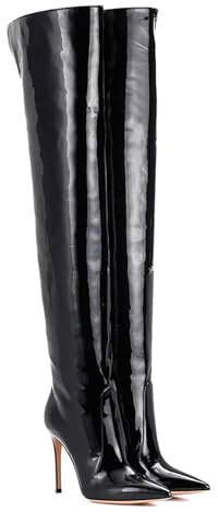 Stivali da Donna Punta sopra Ginocchio Stivali Sexy alla Coscia Pelle Verniciata Stivali Lunghi con Tacco Spillo alla Moda Stivali Invernali Comodi con Cerniera Laterale,Nero,45 EU
