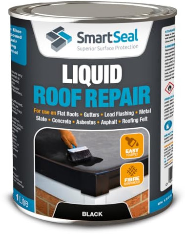 SmartSeal Liquid Roof Repair Black – 1 Litre – Liquid Roof Coating & Leak Repair Sealer for Flat Roofs, Shed Roofs, Gutters, Flashings, Metal, Concrete, Roofing Felt – Waterproof, Seamless Membrane