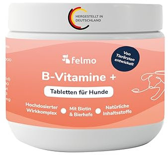 Felmo- Hochdosiert B-Vitamine + Tabletten für Hunde (120g) einschließlich Vitamin B1, B2, B3, B6 und B12 - Mit Biotin & Bierhefe leicht zu verabreichen- Mit Tierärzten entwickelt und empfohlen