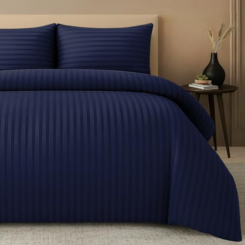 Pamposh Satinée Rayure Couette Couverture Ensembles - Prime Hôtel Qualité Édredon Couverture Literie Ensembles - Hypoallergénique Ultra Doux Microfibre Lit Lin, Super Roi (220 x 260 cm)