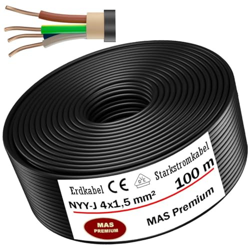 MAS Premium von 5 bis 100m Erdkabel Starkstromkabel NYY-J 4x1,5 mm² Elektrokabel Ring zur Verlegung im Freien, Erdreich (100m)