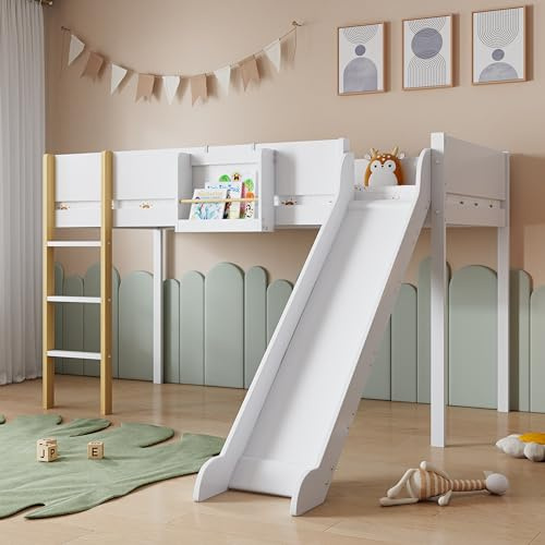 Etagenbett 90x200, Hochbett für Kinder, Kinderbett mit Rutsche und Leiter und abnehmbarem Regal, Bett mit Rausfallschutz & Lattenrost, Bettgestell Spielbett Stockbett Jugendbett Loft Bett, Weiß+Natur