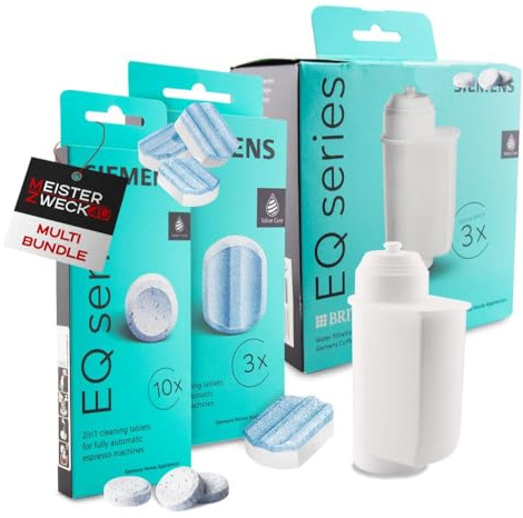 MEISTERZWECK4U Pflegeset Kaffeevollautomat 1x Reinigungstabletten, 1x Entkalkungstabletten, 3er Pack Wasserfilter Reinigungsset, kompatibel mit Siemens EQ Series - Entkalkung Kaffeevollautomaten