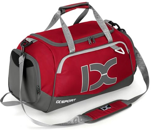 INOXTO Borsone da viaggio sportivo pieghevole grande con tasche asciutte e bagnate e scomparto per scarpe, uomo e donna, borsone da campeggio notturno per il fine settimana (Rosso con bianco)