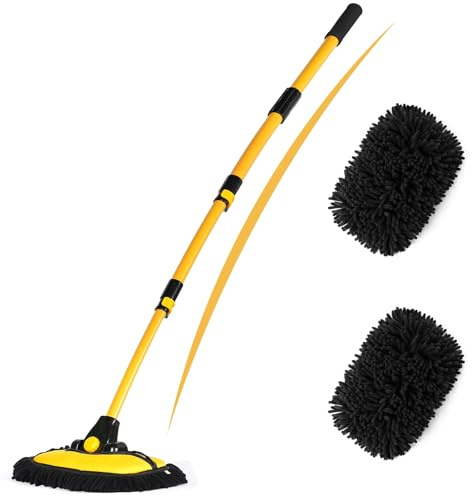 EVERRUSH 56.7 Car Wash Brush Mop Kit Microfiber Car Washing Sponge Mitt with Long Handle Car Cleaning Supplies Tools RV Washing Duster Exterior Scratch Free, Chenille Replacement Head Extension Pole