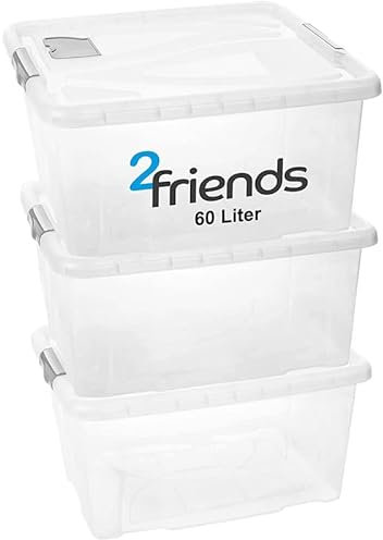 Scatola portaoggetti con coperchio, grande, set da 3 60 l, 61 cm x 45 cm x 30 cm, scatole di plastica trasparenti per ufficio, cucina e garage, impilabili, durevoli, senza BPA, facile da pulire,