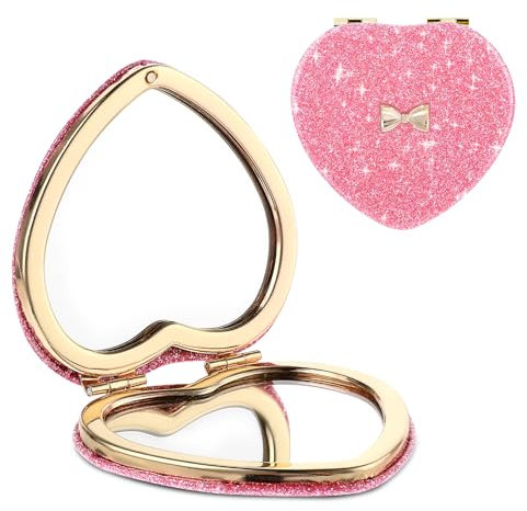 Dimeho Mini-Kosmetikspiegel mit Vergrößerung Kompakter Klappspiegel in Herzform tragbarer Reise-Make-up-Spiegel für Geldbörse doppelseitiger niedlicher Glitzer für Damen Handtasche (Fliege)