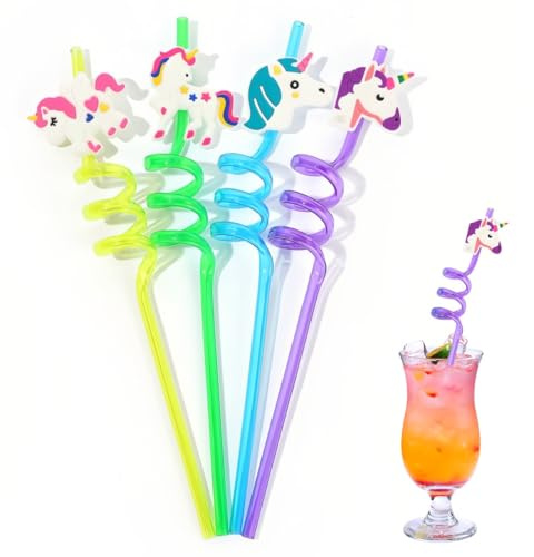4 Piezas Pajitas Reutilizables Niños, Unicornio Pajitas, Pajitas Fiesta En Espiral, pajitas plástico reutilizables Para ArtíCulos Fiesta Cumpleaños Infantiles Niños Decoraciones De La Mesa