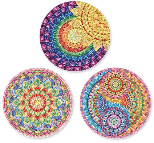 SHEGZHUC Juego de 3 manteles individuales con diseño de mandala, multicolor, 15 cm, pintura de diamantes, salvamanteles con alfombrilla antideslizante, mantel individual para cuencos, ollas y sartenes