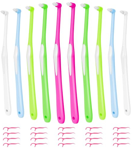 VEGCOO 10 Stück Interspace Zahnbürsten, einzelne getuftete Zahnbürste, kiefergerechte Interdentalbürsten, Endbüschel konische Zahnbürste für kieferorthopädische Detailreinigung, mit 20 Stück Zahnseide