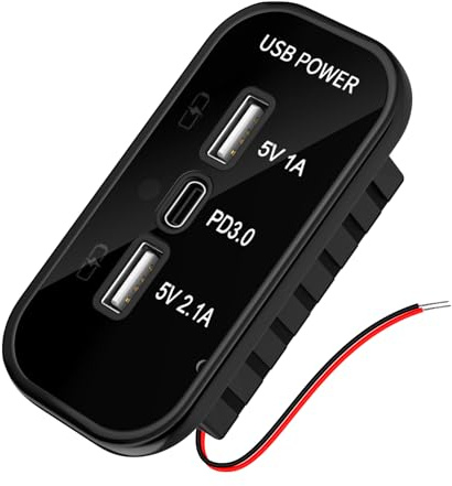 Kriogor 3 Ports 12V USB Socket, RV USB Outlet, Quick Charge PD3.0 Type C & Dual U SB-A Charger Socket Panel, Car Charger U SB 12 Volt Outlet for 12V/24V Car RV Marine Boat (Black-3 Ports)