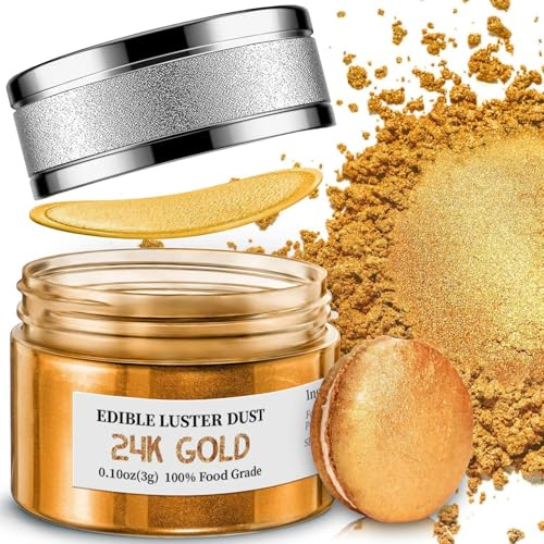 24K Gold Luster Dust, Food Grade Cake Dust Shimmer Powdered Flavorless Metallic Luster Dust Christmas Food Coloring Powder for Baking Decorating, Fondant, Chocolate, Candy, Drinks More & Painting