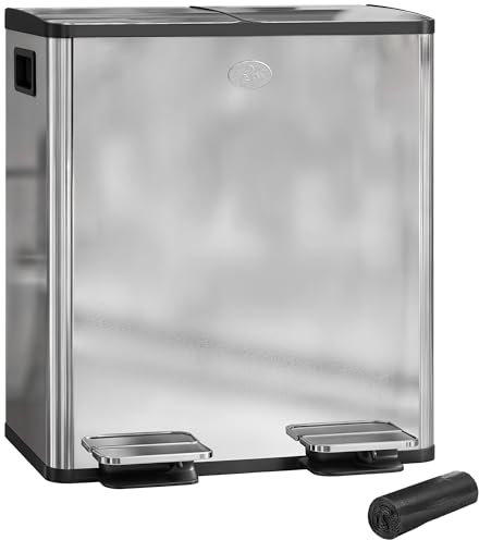 HOMCOM Dual Kitchen Bin, 2 x 20L Stainless Steel Double Rubbish Bin with Soft Close Lid, Removable Inner Buckets, Rubbish Bags, Fingerprint-Proof for Recycling and Waste, Silver Tone