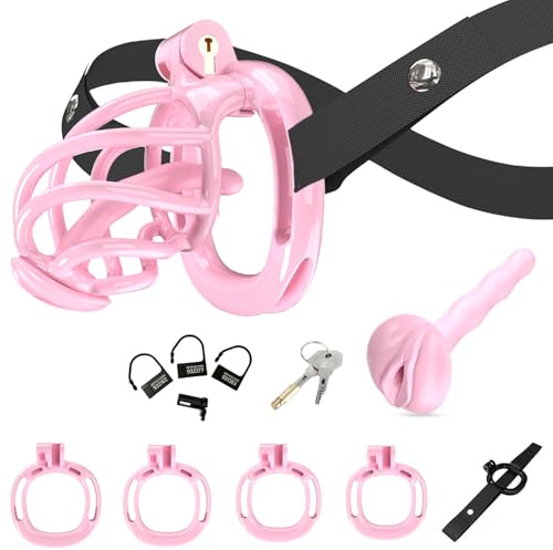 AMZII F-9.0 Peniskäfig Set 3-IN-1,mit Fake Frau Pussy Penis Plug Dilator + Chastity Cage Male Fester Keuschheitsgürtel,Keuschheitskäfig Herren,Toyset Herren Gay Cock Penis Käfig (Pink, M)