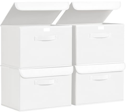 DIMJ Aufbewahrungsboxen mit Deckel, Faltbare Aufbewahrungskiste mit Griff, Aufbewahrungskorb Stoff, Ordnungsboxen Kleiderschrank Organizer, Faltbox für Kleidung, 4 Stück, Hellweiß