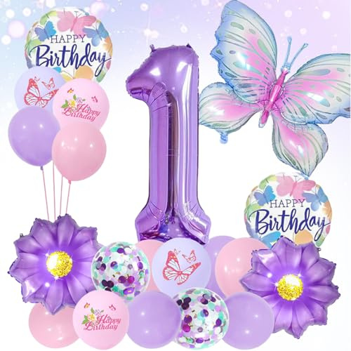 LUMOOM Mariposa decorativa cumpleaños niña 1 año globos decoración de cumpleaños mariposas globo de papel de aluminio globos de números lila fiesta cumpleaños infantil decoración para niños