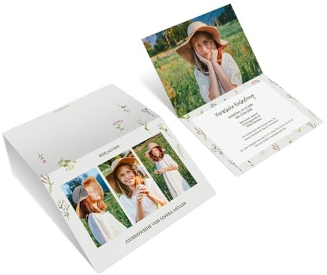 10 bis 100 Stück personalisierte Jugendweihe Foto Einladungskarten Wildblumen DIN A6 Klappkarten mit 4 eigenen Bildern, dickes 300g/qm Papier, Briefumschläge optional