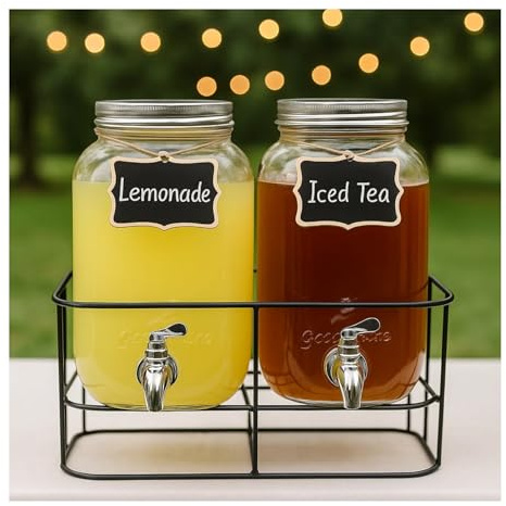 Trendi 2 x 4L Glass Drink Dispenser | Mason Jar Beverage Dispensers with Leakproof Taps, Metal Stand & Chalkboard Tags | Ideal for Juices, Cocktails, Party Drinks, Cold Beverages