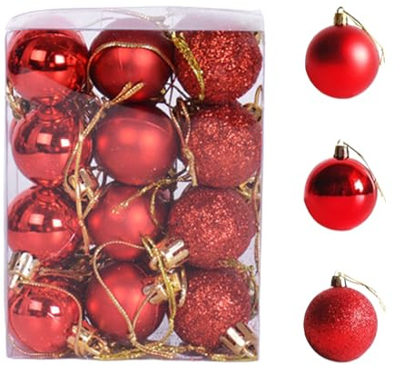24er Set Weihnachtskugeln Rot Kunststoff Ø 6 cm, Weihnachtsbaumkugeln Weihnachtsdeko, Christbaumkugeln 3 Stile (matt/glänzend/glitzernd)