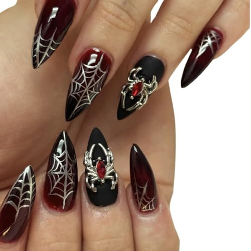 fdsmall 24pcs Halloween Presse auf Nägel-12 Größen Mittellänge Mandel Falsche Nägel, Kleber auf Nägel für Frauen mit Metallspinne (Spinne)