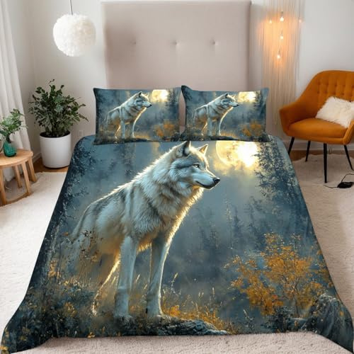 Generisch Wolf Wald-C Bettwäsche Set 135x200 3teilig Tier Mikrofaser Betten Set,1 Bettbezüge 135x200 cm + 2 Kissenbezüge 80X80 cm mit Reißverschluss für Jungen Kinder Mädchen