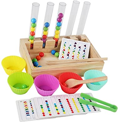 Wooden Rainbow Clip Bead Game Montessori Sorting Toy with Test Tubes 15 Double-Sided Cards for Fine Motor Skills Development