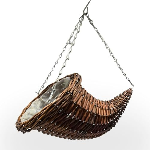 CREEDWOOD Füllhorn Blumenampel aus Weide mit Kunststoff-Inlay - 54 x 31 cm - braun - Bepflanzbarer Hängekorb für drinnen & draußen | hängender Blumentopf Pflanzkorb Übertopf Landhaus rustikal