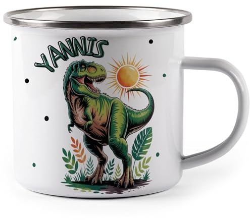 miKalino Emaille Tasse Dinosaurier starker T Rex personalisiert mit Namen Kinder Becher mit Motiv – Emaille Becher für Jungen & Mädchen – Camping Tasse leicht & robust Geschenkidee Kindertasse