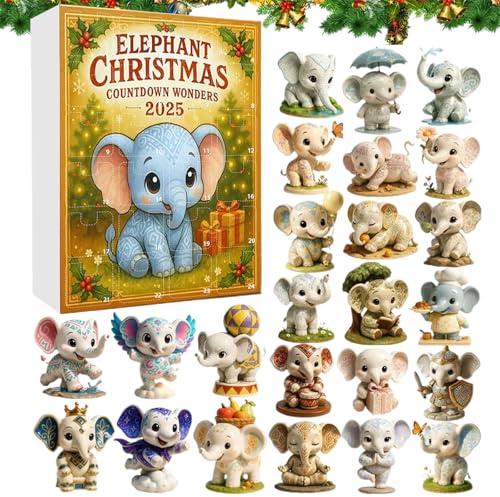 Calendario de Adviento acrílico de 24 días con elefantes y mini adornos navideños. Maravillas navideñas de elefantes para 2025. Bonito set de decoración navideña para celebrar.
