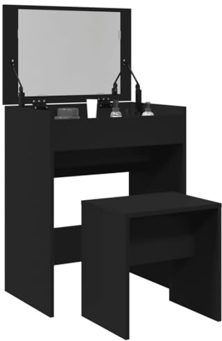 HaoChrymec Toletta Con Sgabello Nero In Legno Ingenerizzato, Specchio Integrato, 1 Scomparto, Postazione Trucco Salvaspazio, Vanity Desk For Makeup, Adatta A Camera Da Letto, 60x40x113.5 cm