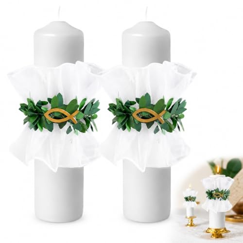 First Holy Communion Decorations Set of 2 Candles with Drip Protection, Transparent Mesh and Golden Fish Decoration for Christening, Wedding and Holy Confirmation, Candle with Crown of Fi