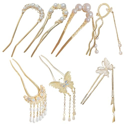 7 palillos chinos para el pelo, horquillas vintage con perla y flor, palillos en forma de U para moño recogido, accesorios retro (dorado)