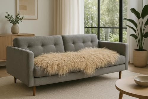 Kuhfelle Online & Nomad Tibet Doppel-Lammfell Couchauflage 160 x 60 cm – Echtes Lammfell – Gelockt & Extra Weich – Sofa- & Bettauflage aus Naturfell – Hellgrau/Weiß/Beige (Beige)