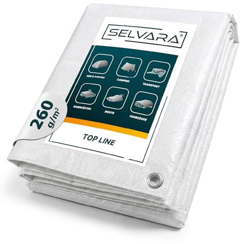 Selvara Telo Impermeabile Esterno 260 g/m² - 8m x 5m Telone Occhiellato | Top Line Telo Impermeabile Bianco PVC, Resistente ai Raggi UV e Agli Strappi, Telone Multifunzionale per la Protezione