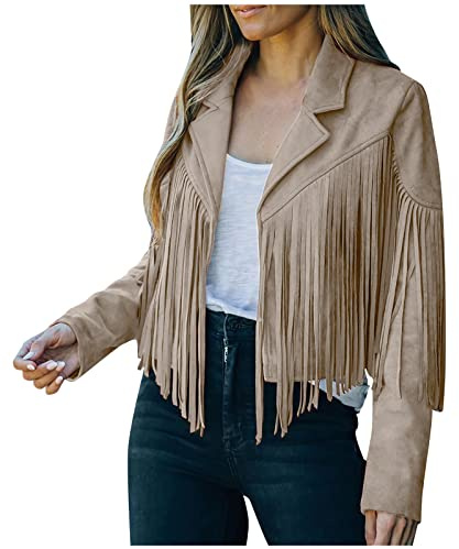 Damen Fransen Kunstlederjacken Langarm Cropped-Jacke Mit Quaste Hippie Cowgirl Cowboy Karneval Kostüm Outwear Mantel Motorradjacke Herbstjacke Jeansjacke Übergangsjacke Oktoberfest Festival Outfit