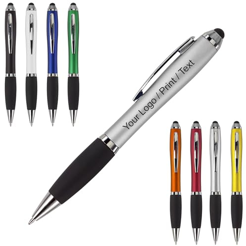 Lot de 500 stylos à bille en plastique avec mécanisme rotatif, clip en métal, zone de préhension caoutchoutée et stylo tactile personnalisables avec impression UV pour logo texte ou publicité pour