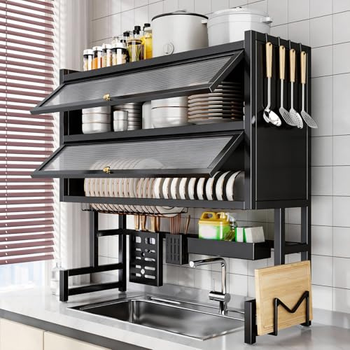 Ruiqas Black 4 Tier Over Sink Dish Drying Rack Kitchen Counter | utensil storage compartment, space-saving multi-tier kitchen organiser for storing plates, bowls and daily tableware
