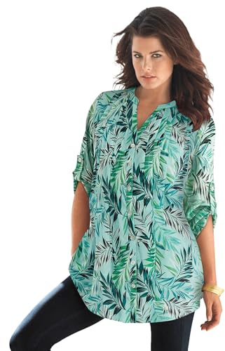 Roaman's Women's Plus Size Floral Y-Neck Pintuck Tunic – Adjustable Long Sleeve Button-Front, Relaxed Shirt Style - 30 W, Light Aqua Waterfall Palm