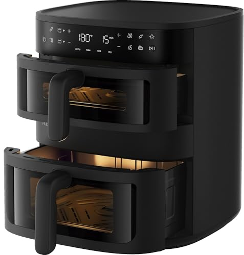 AEG Doppelkorb‑Heißluftfritteuse 11 L, 2 Fächer für Paralleles Frittieren Backen Grillen Dörren, Sichtfenster & Innenbeleuchtung, 8 Automatikprogramme, Spülmaschinenfest, Touch‑LED‑Display, AAFD11B