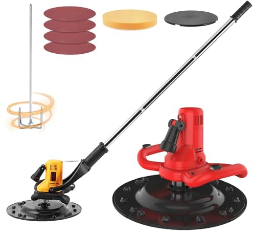 Wandschleifer Elektrisch , Verputzmaschine - Leistungsstarker Kupfermotor, 6 Geschwindigkeiten, Mit Verlängerungsstange, Rührwerk, Selbstklebender Scheibe, LED Für Maler Und Gipser(Red)