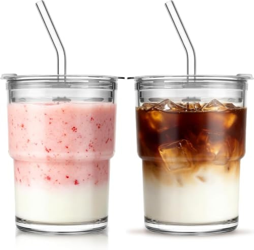 LATERN 2 Pièces 400ml Gobelets en Verre avec Couvercle et Paille, 13oz Gobelet à Café Glacé à Parois Épaisses Réutilisable pour Eau, Thé Glacé, Café, Jus, Boissons Chaudes et Froides, Usage Quotidien