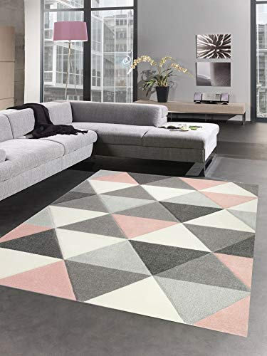 CARPETIA Teppich Wohnzimmerteppich Dreieck rosa grau Creme Größe 200 x 290 cm